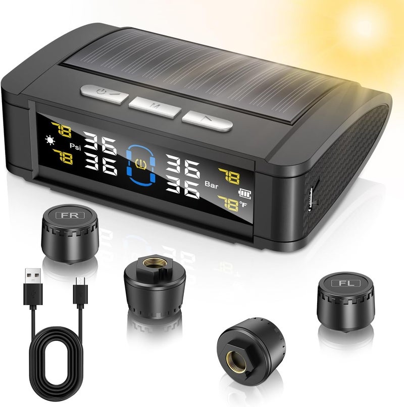 TPMS with Voice Alarm Mode, TPMS with Solar Charging, Trailer TPMS with 4 Sensors, Tire Temperature Detector with Color LCD Display for Sedan, SUV and RV - Image 1