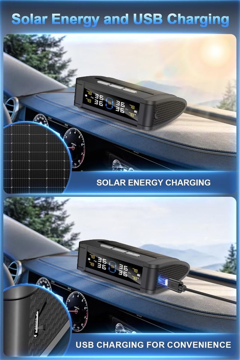 TPMS with Voice Alarm Mode, TPMS with Solar Charging, Trailer TPMS with 4 Sensors, Tire Temperature Detector with Color LCD Display for Sedan, SUV and RV - Image 4