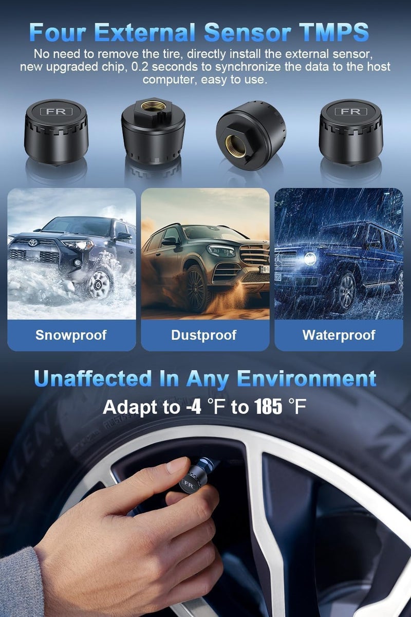 TPMS with Voice Alarm Mode, TPMS with Solar Charging, Trailer TPMS with 4 Sensors, Tire Temperature Detector with Color LCD Display for Sedan, SUV and RV - Image 3