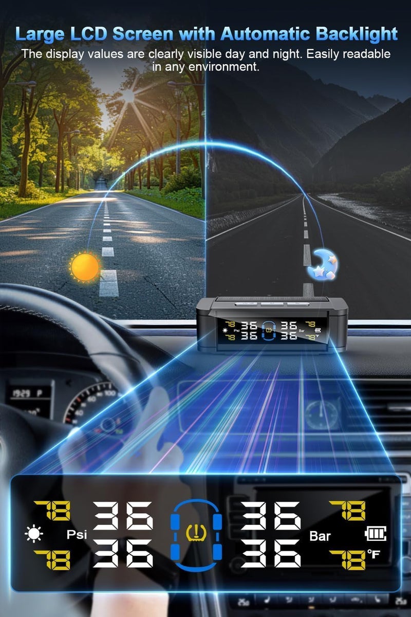 TPMS with Voice Alarm Mode, TPMS with Solar Charging, Trailer TPMS with 4 Sensors, Tire Temperature Detector with Color LCD Display for Sedan, SUV and RV - Image 5