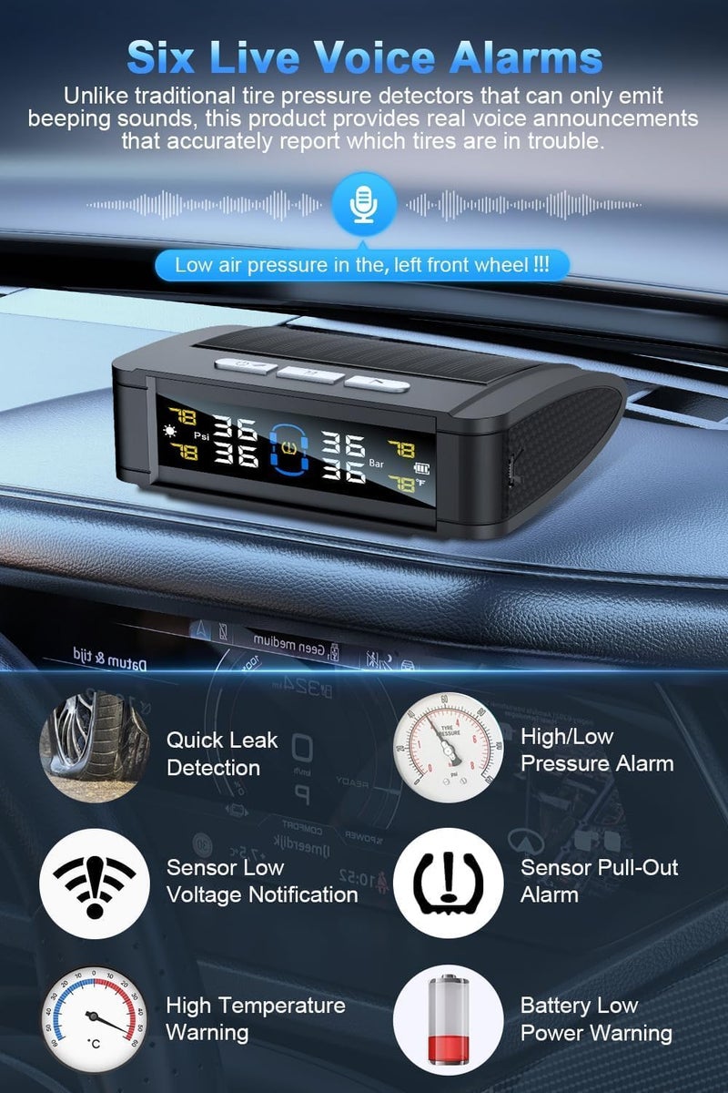 TPMS with Voice Alarm Mode, TPMS with Solar Charging, Trailer TPMS with 4 Sensors, Tire Temperature Detector with Color LCD Display for Sedan, SUV and RV - Image 2
