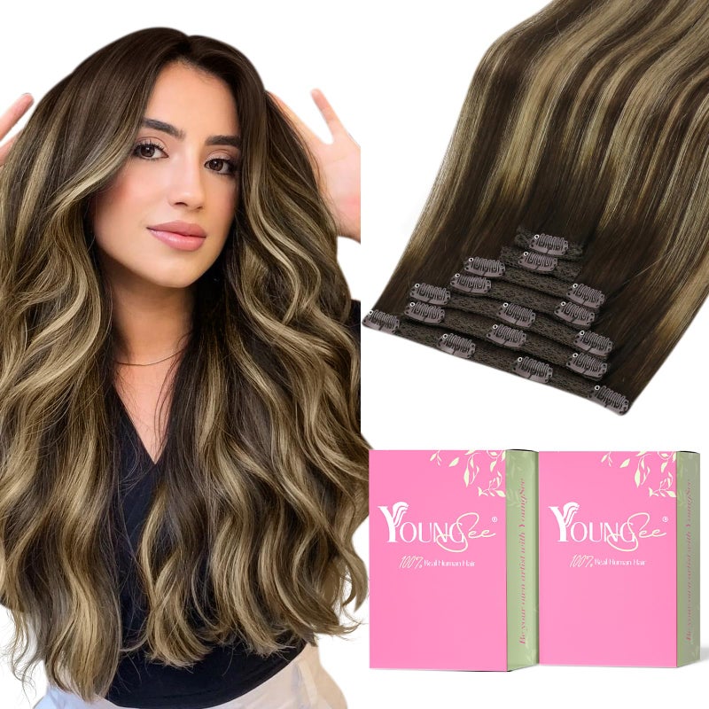 YoungSee Clip in Hair Extensions Human Hair Balayage Brown Clip in Hair Extensions Real Human Hair Balayage Chocolate Brown Mix Caramel Blonde Balayage Clip in Real Hair Extensions 120G 20Inch