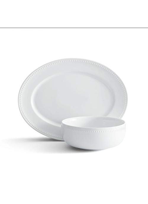 Everyday White Everyday White Beaded Serving Bowl and Platter Set Service for 4 