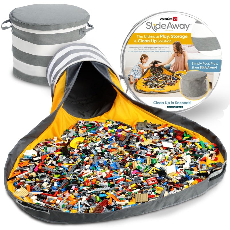 Creative QT SlideAway Toy Storage Organizer & Extra Large 52" Play Mat, Collapsible Storage Bins for Building Bricks, Small Blocks, Toys, Drawstring Cleanup for Kids Playroom & Classroom, Grey Stripes - Image 1