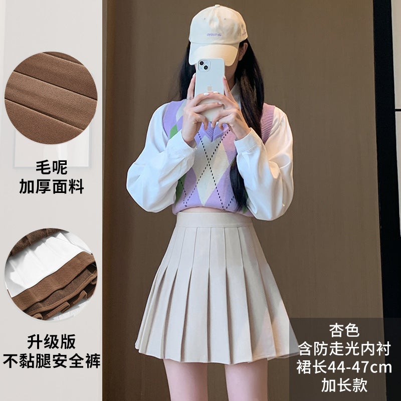 Pleated Skirt Womens Autumn and Winter New Thickened Woolen Short Skirt High Waist Korean Style A- line Slim Fit Slimming plus size Skirt Apricot color wool [lengthened 7cm]]