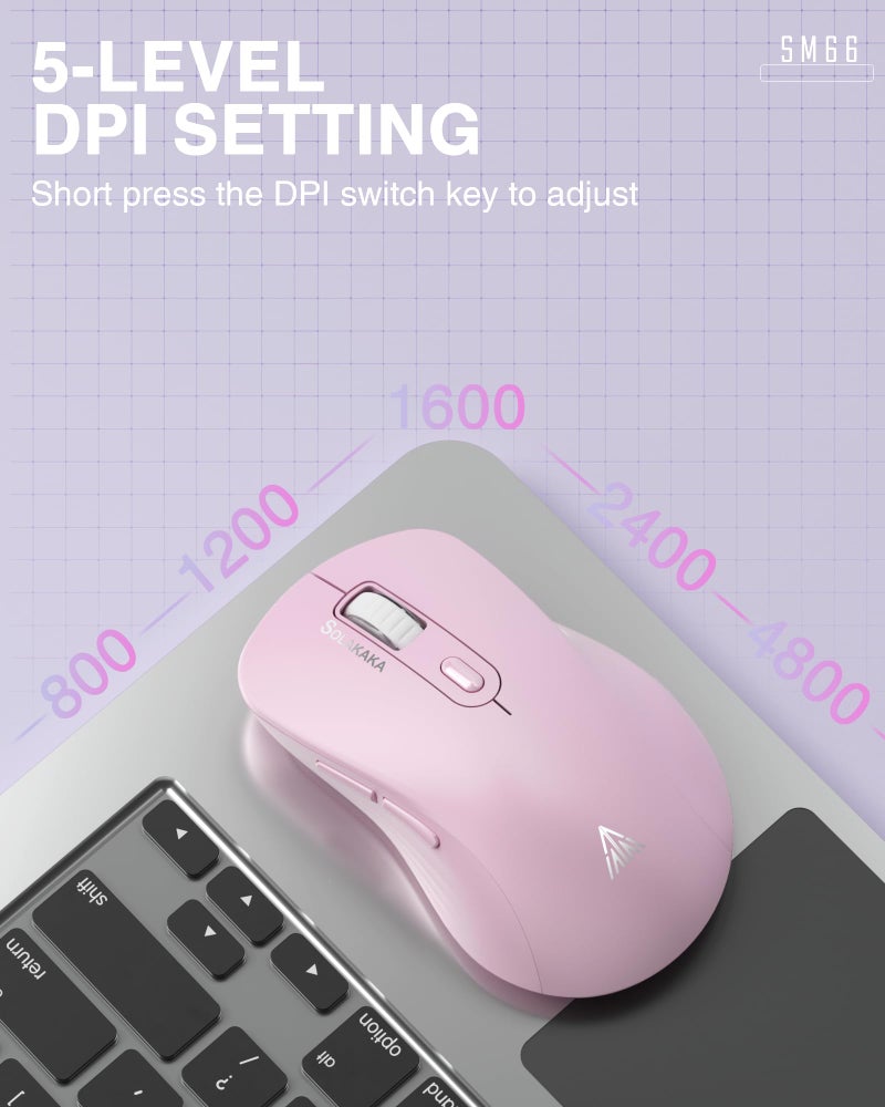 SOLAKAKA SM66 Pink Silent Dual Mode 2.4GHz Wireless Mouse, Adjustable 4200 DPI,Rechargeable Wireless Computer Mouse for PC Mac Laptop, Desktop - Image 4