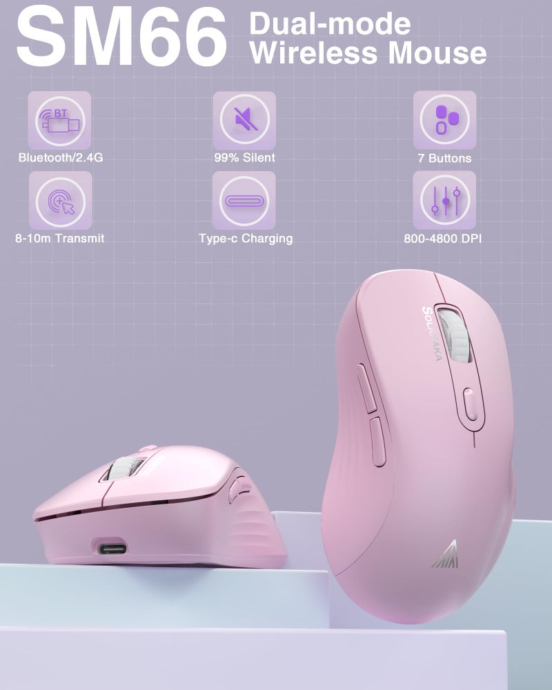 SOLAKAKA SM66 Pink Silent Dual Mode 2.4GHz Wireless Mouse, Adjustable 4200 DPI,Rechargeable Wireless Computer Mouse for PC Mac Laptop, Desktop - Image 2