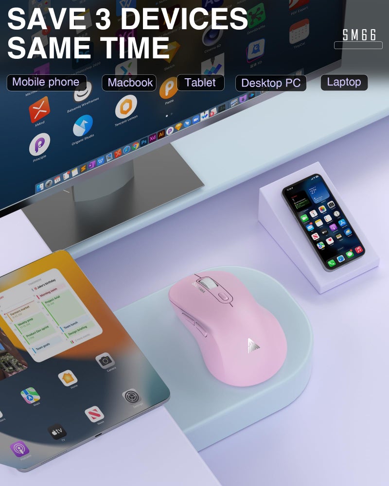 SOLAKAKA SM66 Pink Silent Dual Mode 2.4GHz Wireless Mouse, Adjustable 4200 DPI,Rechargeable Wireless Computer Mouse for PC Mac Laptop, Desktop - Image 3