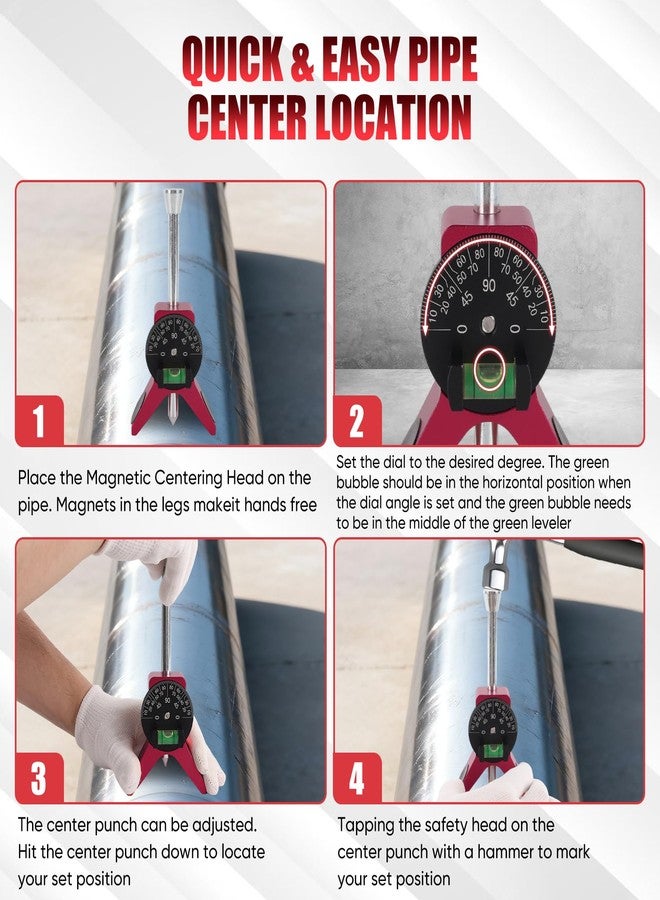 VAKPAT Pipe Center Finder, Pipefitter Tools w/Centering Head, Pipe Fitting Tools Center Finder Tool to Measure Pipe Diameter Over 0.5" and Up, 4" Y-Type Base Fitted with Adjustable Dial Bubble Protractor. - Image 4