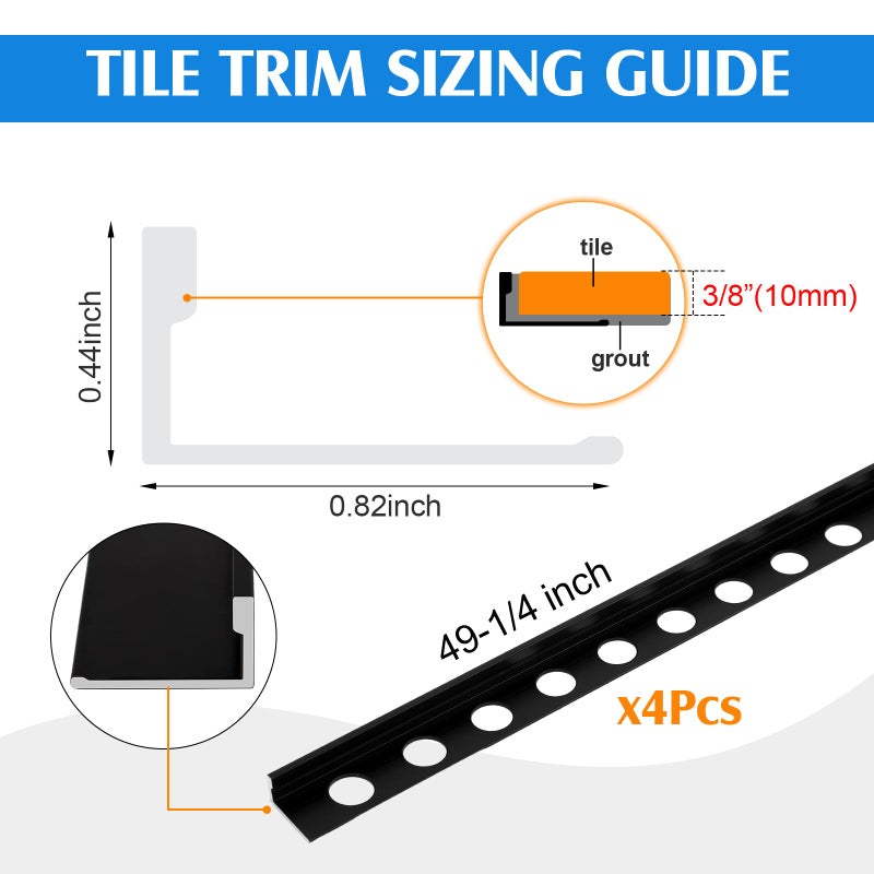 Blulu 4 Pcs Aluminum Tile Edge Trim Edging 49-1/4 in. L Shaped Metal Tile Corner Trim Protector with 90Â° Angle for Backsplash, Bathroom, Kitchen(Black,3/8 in.) - Image 2
