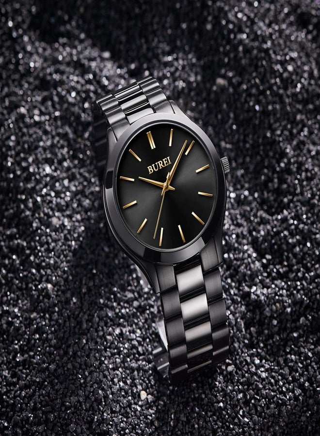 BUREI Men Watches Fashion Stainless Steel Analog Quartz Watches Business Waterproof Wristwatch,Gift for Men, golden black, Classic, stylish, elegant, easy to read, simple, minimalist, thin - Image 2