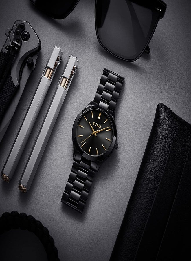 BUREI Men Watches Fashion Stainless Steel Analog Quartz Watches Business Waterproof Wristwatch,Gift for Men, golden black, Classic, stylish, elegant, easy to read, simple, minimalist, thin - Image 3
