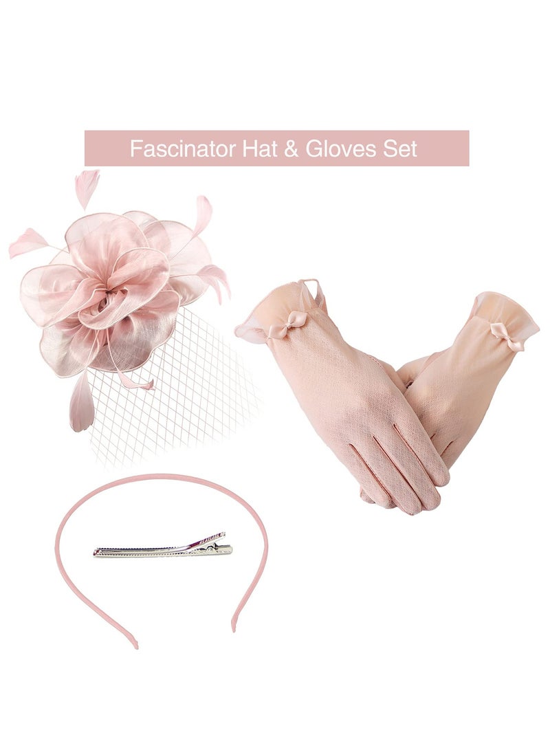 SOLARAE Hat for Women Pillbox Bowknot Fascinator Feathers Veil Mesh Headband and Short Lace Gloves Floral Tea Party Wedding Flower Cocktail Hair Clip - Image 4
