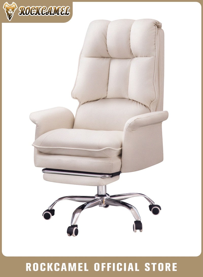 ROCKCAMEL Ergonomic Computer Chair with Foldable Footrest,  Large Angle Reclining Chair with Segmented Back Support, Adjustable Swivel Task Chair, Steel Silent Caster Base, Gaming Chair for Home Office, Off-White - Image 1
