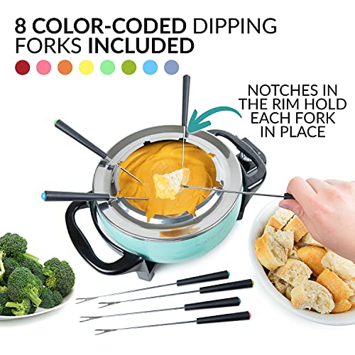 Nostalgia 12-Cup Electric Fondue Pot Set for Cheese & Chocolate - 8 Color-Coded Forks, Temperature Control - Stainless Steel Kitchen Gadgets and Appliances for Hors d'Oeuvres and More - Aqua - Image 4