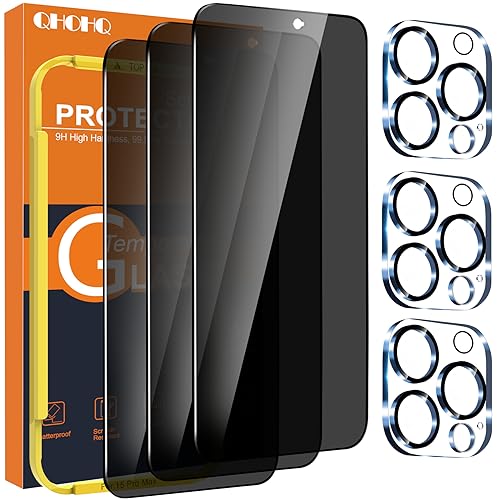 QHOHQ 3 Pack Privacy Screen Protector for iPhone 15 Pro Max [6.7 Inch] with 3 Pack Camera Lens Protector, Anti Spy Tempered Glass Film, 9H Hardness, HD, Bubble Free, Case Friendly - Black - Image 1