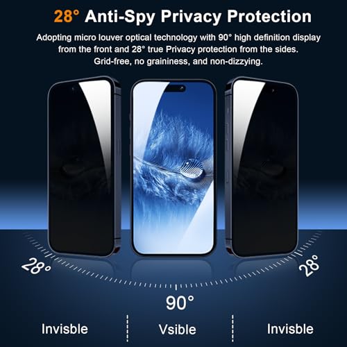 QHOHQ 3 Pack Privacy Screen Protector for iPhone 15 Pro Max [6.7 Inch] with 3 Pack Camera Lens Protector, Anti Spy Tempered Glass Film, 9H Hardness, HD, Bubble Free, Case Friendly - Black - Image 2