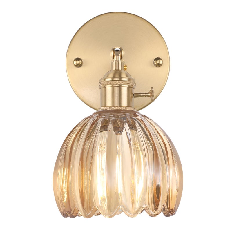 Shenmoyl Vintage Wall Sconces with Cute Amber Tulip Glass Lampshade 180 Degree Adjustable Brass Sconces Hradwired Modern Wall Lighting Fixture with Switch for Bedside Bedroom Doorway