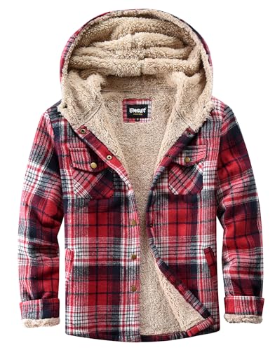 Elesuit Women's Fleece Flannel Jacket Plaid Sherpa Lined Jacket Long Sleeve Button Down Hooded Jackets for Women Dark Red Medium - Image 1