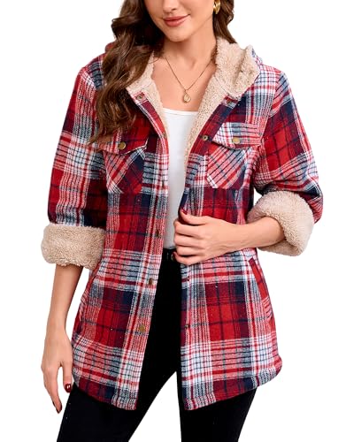 Elesuit Women's Fleece Flannel Jacket Plaid Sherpa Lined Jacket Long Sleeve Button Down Hooded Jackets for Women Dark Red Medium - Image 2