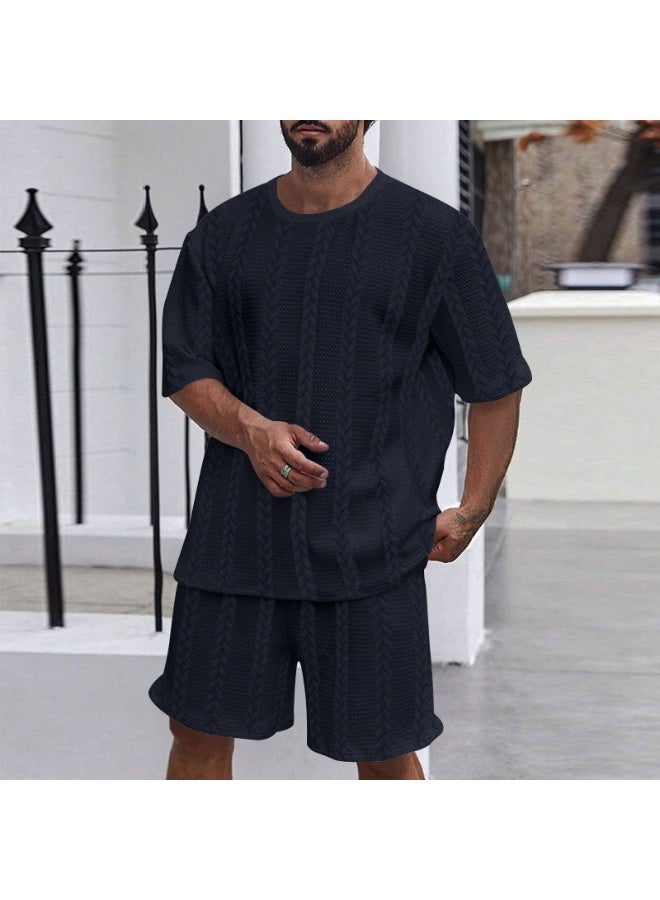 Summer Casual Knitted Solid Color round Neck Short Sleeve Sport Men's Set Short Pants Embroidery Fitness Outfit Short Shorts - Image 1
