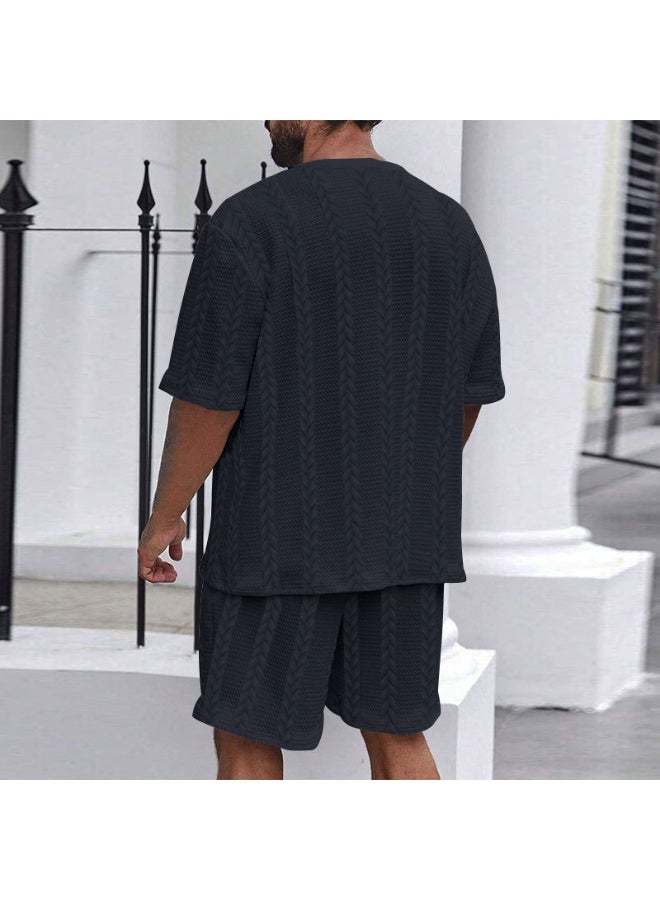 Summer Casual Knitted Solid Color round Neck Short Sleeve Sport Men's Set Short Pants Embroidery Fitness Outfit Short Shorts - Image 2