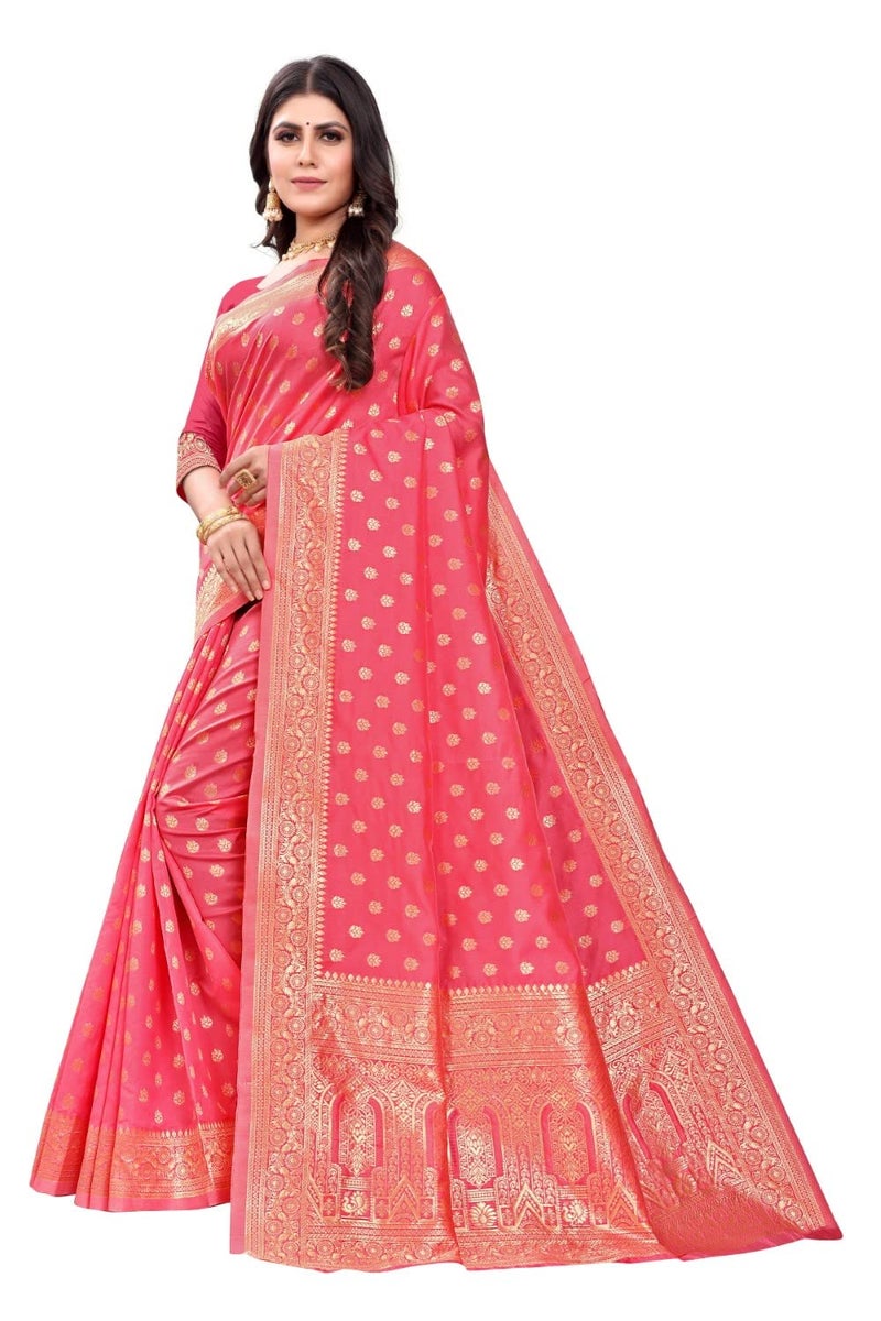 C J Enterprise نسائي Banarasi Saree Pure Kanjivaram Silk Saree Soft Design Wear Pattu Sarees أحدث مجموعات القطن الساري مع قطعة بلوزة لحفل الزفاف سادي للسيدات الجدد 2023 (Pari124 Peach) - Image 3