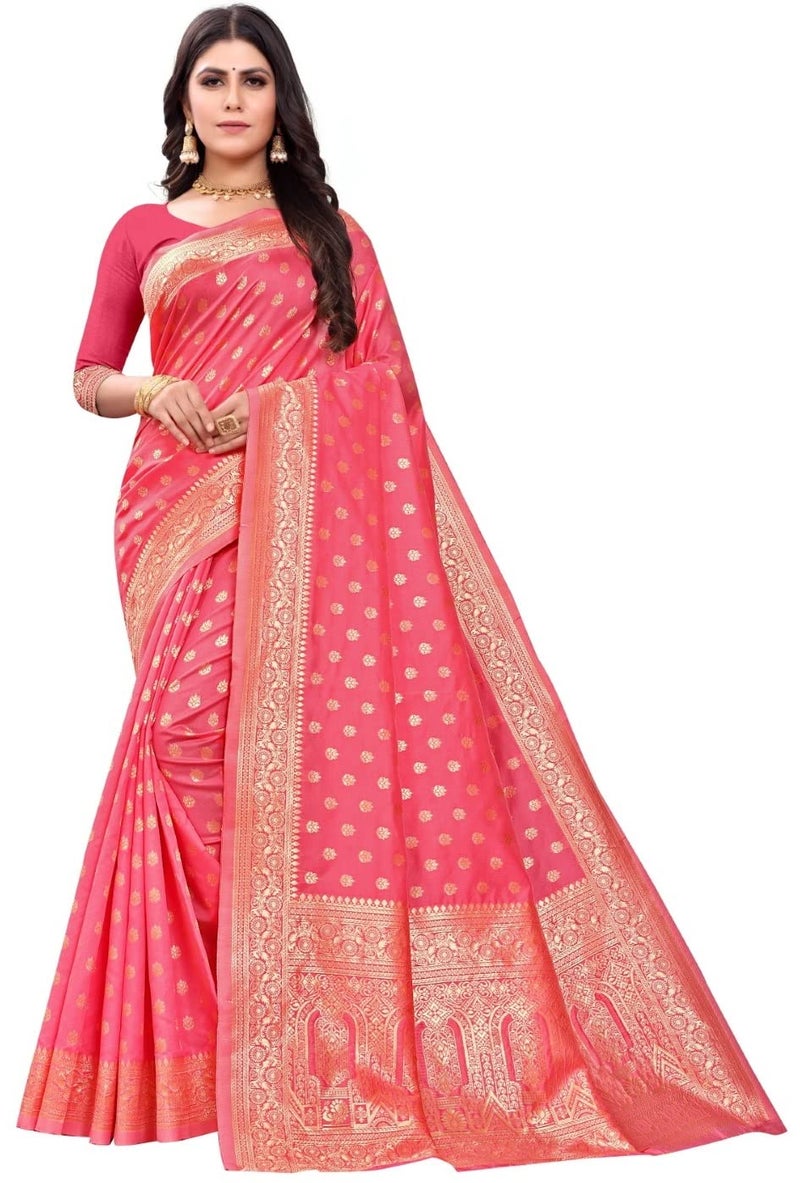 C J Enterprise نسائي Banarasi Saree Pure Kanjivaram Silk Saree Soft Design Wear Pattu Sarees أحدث مجموعات القطن الساري مع قطعة بلوزة لحفل الزفاف سادي للسيدات الجدد 2023 (Pari124 Peach) - Image 1