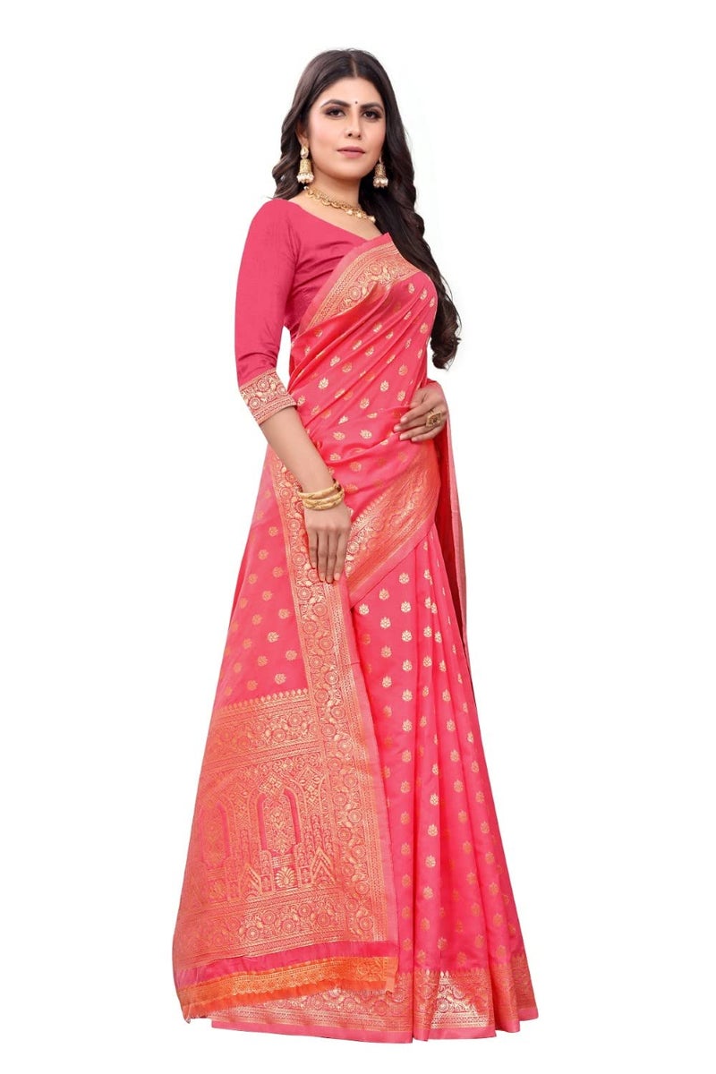 C J Enterprise نسائي Banarasi Saree Pure Kanjivaram Silk Saree Soft Design Wear Pattu Sarees أحدث مجموعات القطن الساري مع قطعة بلوزة لحفل الزفاف سادي للسيدات الجدد 2023 (Pari124 Peach) - Image 4