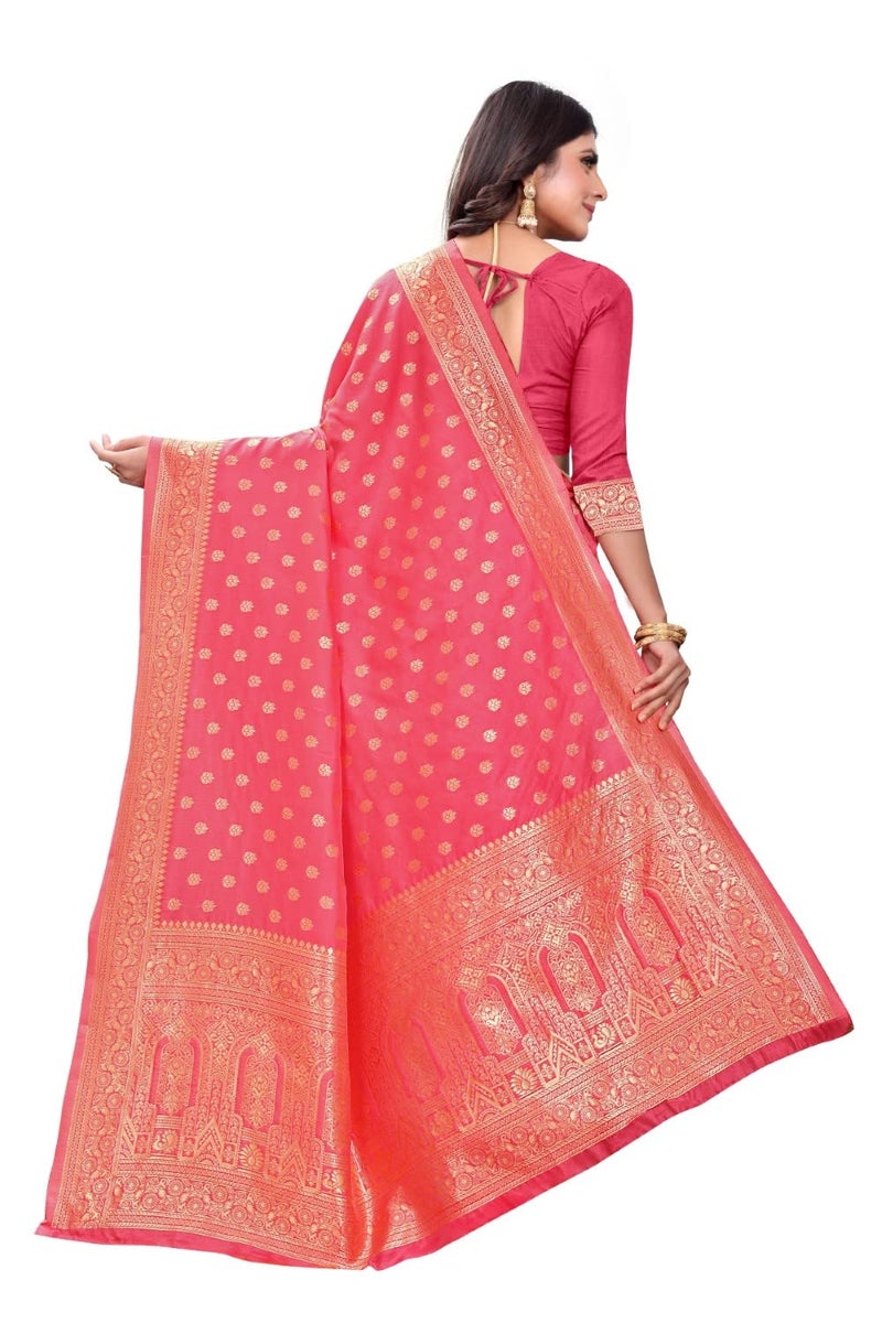 C J Enterprise نسائي Banarasi Saree Pure Kanjivaram Silk Saree Soft Design Wear Pattu Sarees أحدث مجموعات القطن الساري مع قطعة بلوزة لحفل الزفاف سادي للسيدات الجدد 2023 (Pari124 Peach) - Image 2