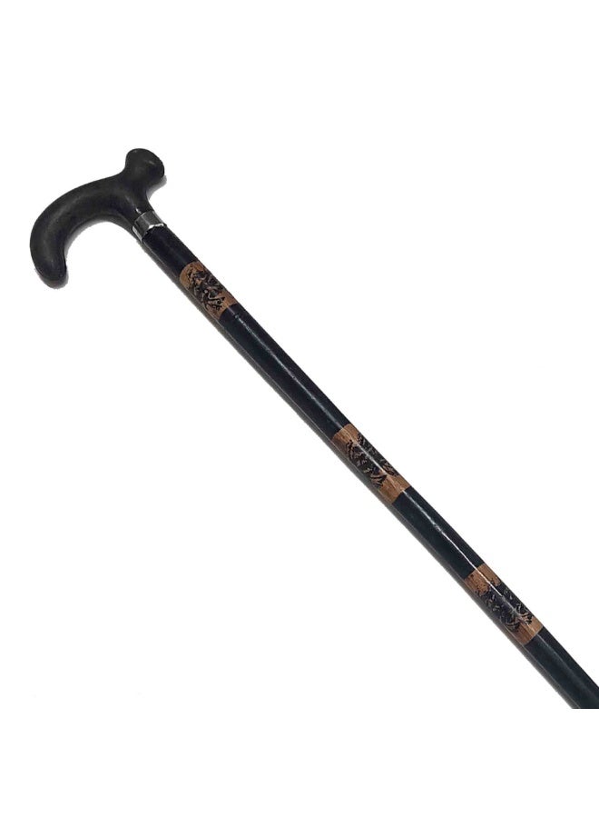 Generic Wooden cane with black and brown engraved plastic handle - Image 2