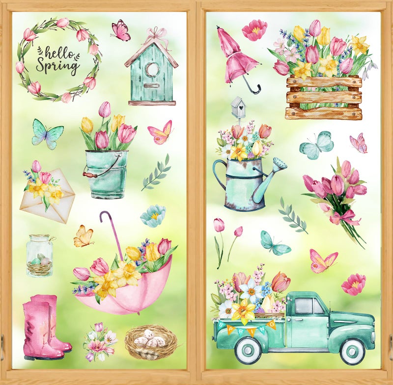 وولاين مجموعة ملصقات نوافذ على شكل زهرة التوليب الربيعية من والين، 75 قطعة، ملصقات نوافذ الشاحنات والمظلات، ملصقات زجاجية مزدوجة الجوانب، مثالية لتزيين المنزل والمكتب والمدرسة والحفلات والمتاجر. - Image 1