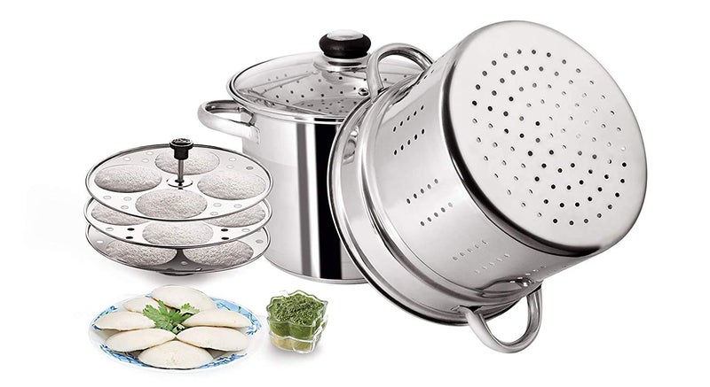 Pristine Tri Ply Induction Base Stainless Steel Multi Purpose Steamer Set with Idli Plates (5 qt./4.75 Liters, Silver) - Image 1