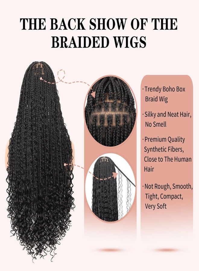 Lexqui 36" 13x8'' Hd Lace Front Boho Braided Wigs for Women Knotless Braided Wigs Box Braid Wig with Curly End Braided Lace Front Wig Premium Synthetic Natural Black - Image 4