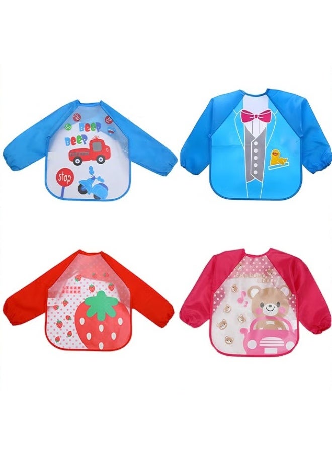 Baby Bibs مع الأكمام,4 حزمة مقاومة للماء طويلة الأكمام Bib,الأطفال الرسم Bib,لطيف نمط تغذية Bibs,Unisex تغذية Bibs للطفل الصغير 6 أشهر إلى 3 سنوات,متعددة الألوان ومتعددة النمط,, - Image 1