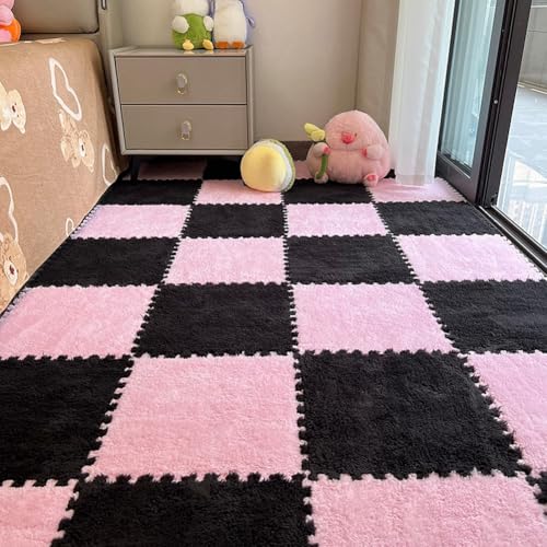 BXEBUI 12pcs Carpet Squares Puzzle Floor Mat Plush Interlocking Carpet Tiles Anti Slip EVA Foam Jigsaw Floor Tiles Build A Safe Area for Bedroom Playroom PinkBlack - Image 1