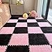 BXEBUI 12pcs Carpet Squares Puzzle Floor Mat Plush Interlocking Carpet Tiles Anti Slip EVA Foam Jigsaw Floor Tiles Build A Safe Area for Bedroom Playroom PinkBlack - Image 3