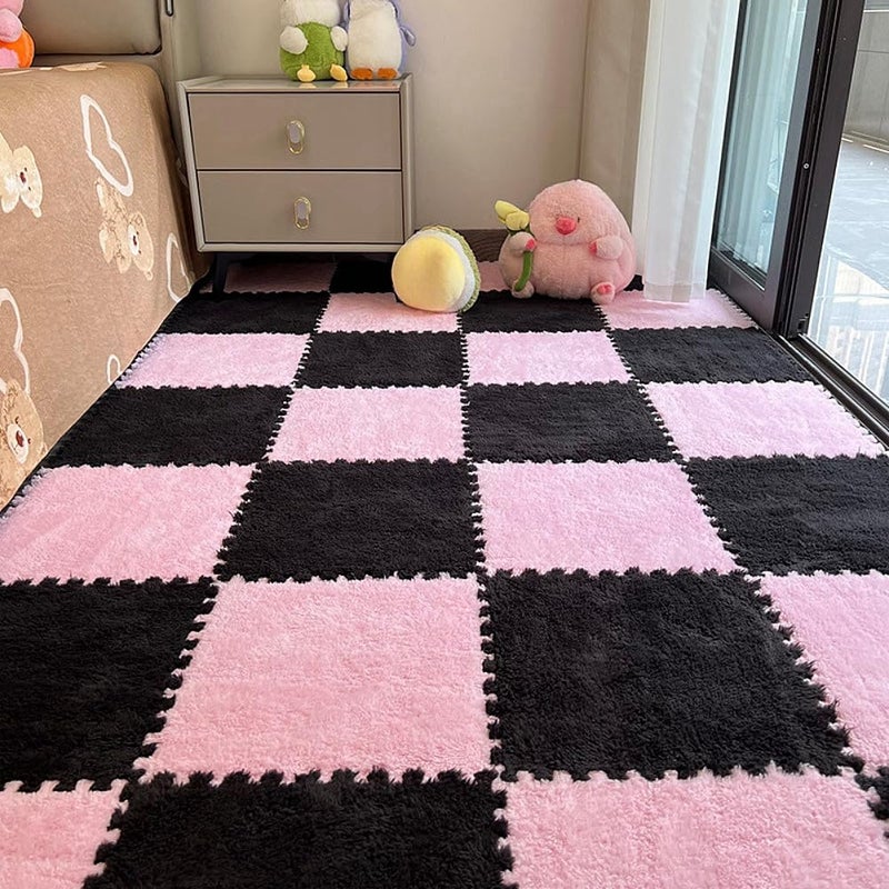 BXEBUI 12pcs Carpet Squares Puzzle Floor Mat Plush Interlocking Carpet Tiles Anti Slip EVA Foam Jigsaw Floor Tiles Build A Safe Area for Bedroom Playroom PinkBlack - Image 2
