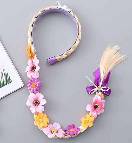 Yosbabe Princess Rapunzel Wig Rapunzel Braid Cosplay Long Hair Wig with Braid Gloves Necklace Dress up Accessories for Girls (purple1) - Image 5