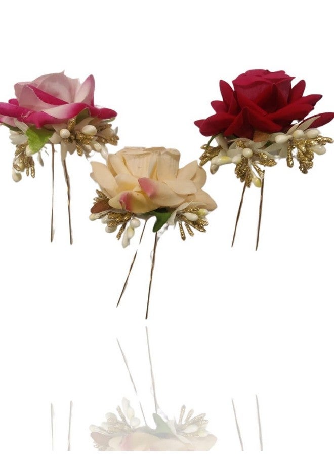 NOORINA Stylish Rose Artificial Flowers Bun Juda U Pins & Clips for Style & Decoration Bridal Brooch & Braid for Hairstyle of Bride, Wedding & Party For Women & Girls (Pack Of - 06) - Image 1