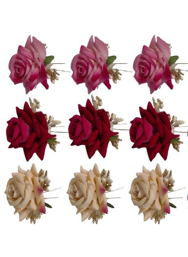 NOORINA Stylish Rose Artificial Flowers Bun Juda U Pins & Clips for Style & Decoration Bridal Brooch & Braid for Hairstyle of Bride, Wedding & Party For Women & Girls (Pack Of - 06) - Image 2