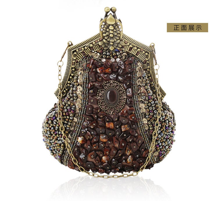 Vintage Beaded Banquet Clutch Elegant Cheongsam Purse Mine Gray