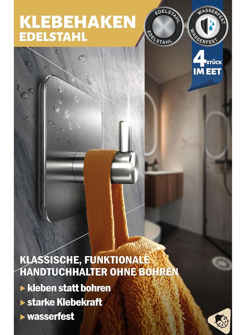 Beauenty Towel Rack No Drilling 4 Hooks Set - Waterproof Adhesive Hooks, Stainless Steel Towel Hooks for Bathroom, High Quality Self Adhesive Bathroom Towel Holder with High Load Capacity - Image 3