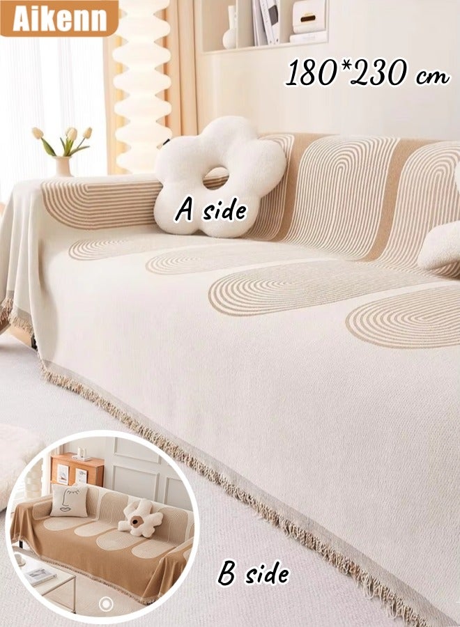 Aikenn Couch Cover,Boho Sofa Covers,Chenille Sofa Cover,With Tassel Loveseat Covers,Anti Slip Love Seat Couch Covers For 3 Cushion Couch,Washable Slipcover For Sofa Protector,For Kids, Dogs, Pets,180*230cm(Pack Of 1)(Beige)  - Image 1