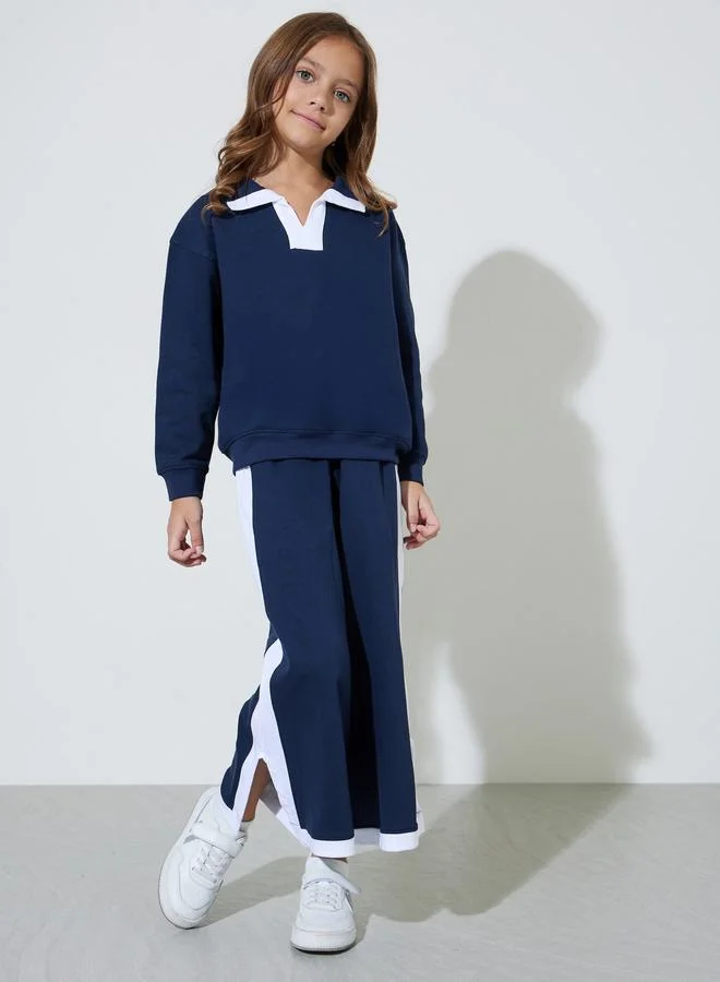 Styli Girls Navy Blue Contrast Details Collared Sweatshirt And Joggers Set