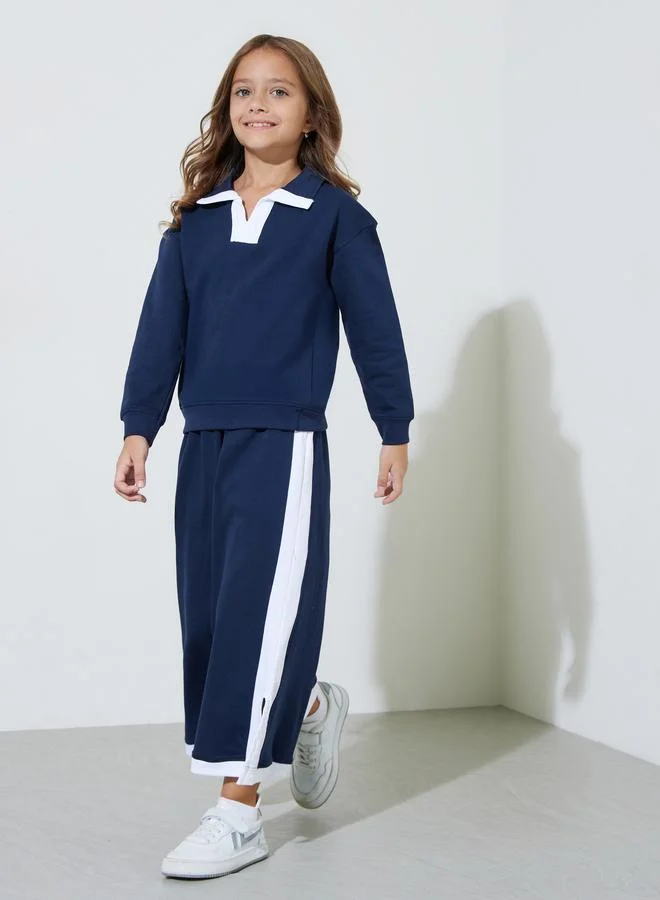 Styli Girls Navy Blue Contrast Details Collared Sweatshirt And Joggers Set