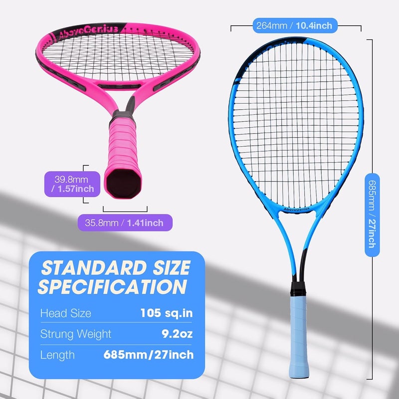 AboveGenius Neon Pink & Blue Tennis Rackets 2 Pack - 27" Lightweight Aluminum Set with 3 Balls & Carry Bag - Image 5