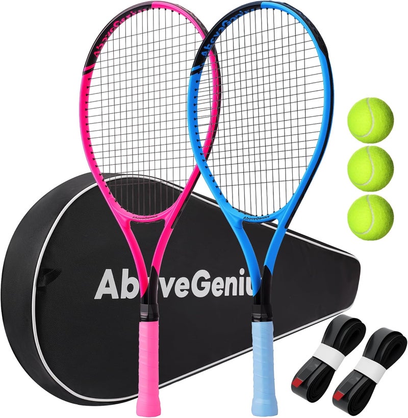 AboveGenius Neon Pink & Blue Tennis Rackets 2 Pack - 27" Lightweight Aluminum Set with 3 Balls & Carry Bag - Image 1