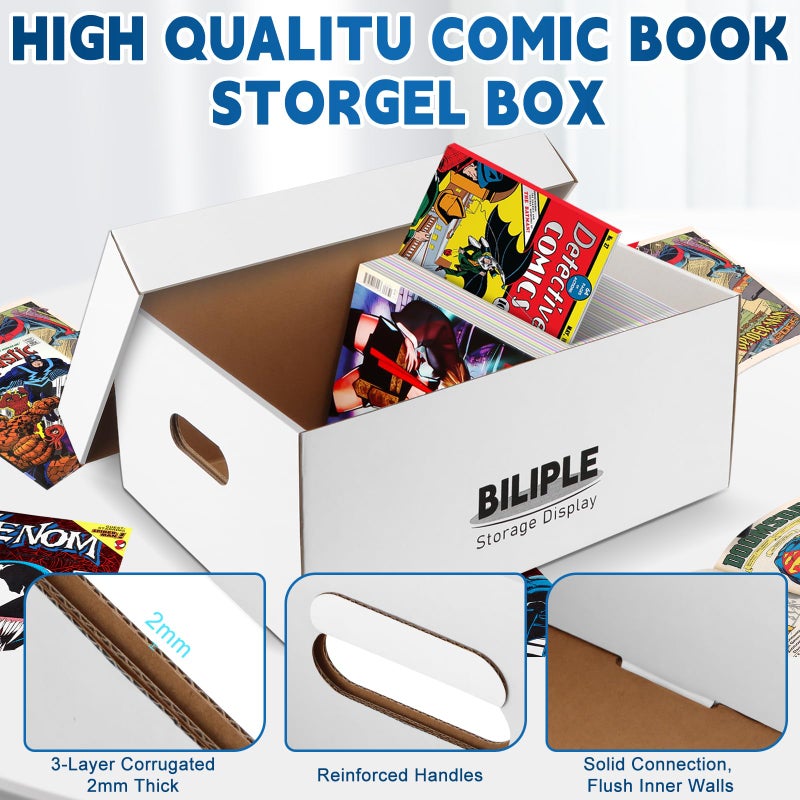 BILIPLE 6 Pack Comic Book Storage Box, 15.8" X 7.2" X 10.7" Thick Cardboard Comic Long Box with Lids, Holds 150-175 Current/Silver Age Comics, Stackable Comics Books Bin Container Organizer Holder(White) - Image 3