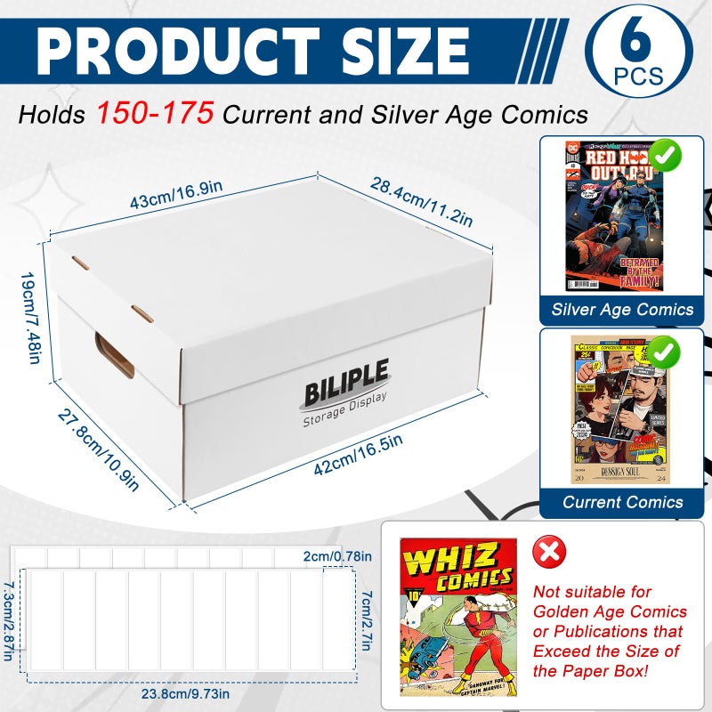 BILIPLE 6 Pack Comic Book Storage Box, 15.8" X 7.2" X 10.7" Thick Cardboard Comic Long Box with Lids, Holds 150-175 Current/Silver Age Comics, Stackable Comics Books Bin Container Organizer Holder(White) - Image 2